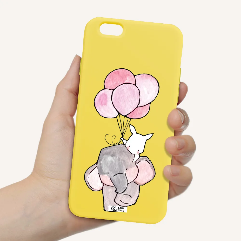 a cartoon elephant and donkey holding balloons Apple iPhone 6 Silicone canary yellow Case