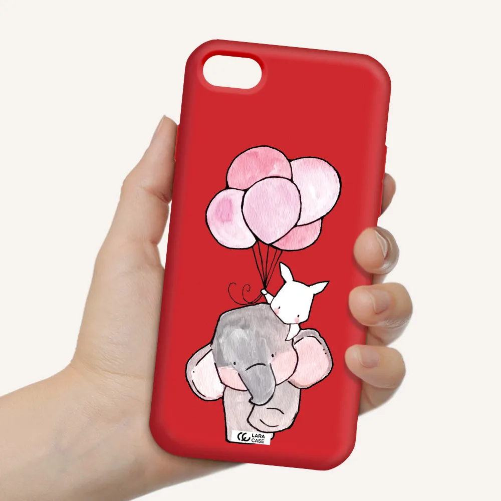 a cartoon elephant and donkey holding balloons Apple iPhone 8 Silicone Imperial Red Case