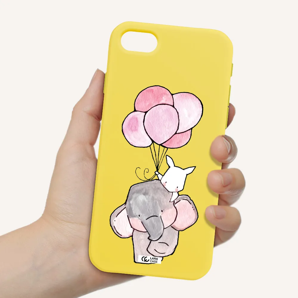a cartoon elephant and donkey holding balloons Apple iPhone se 2020 Silicone canary yellow Case