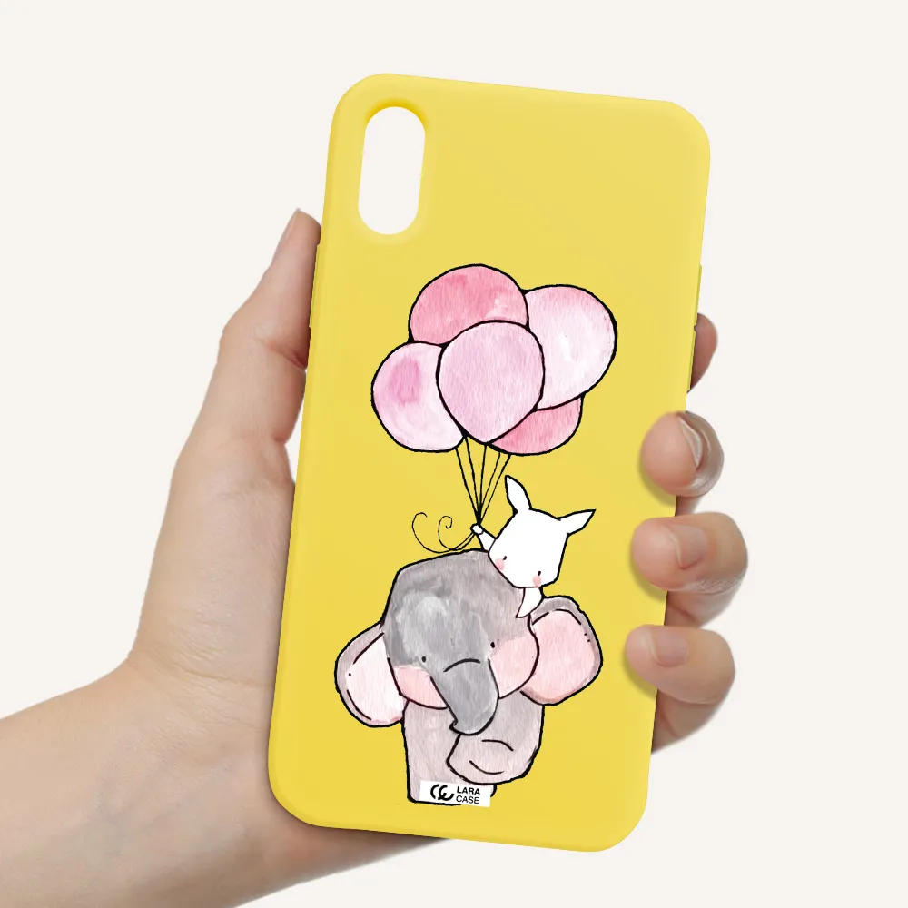 a cartoon elephant and donkey holding balloons Apple iPhone X Silicone canary yellow Case