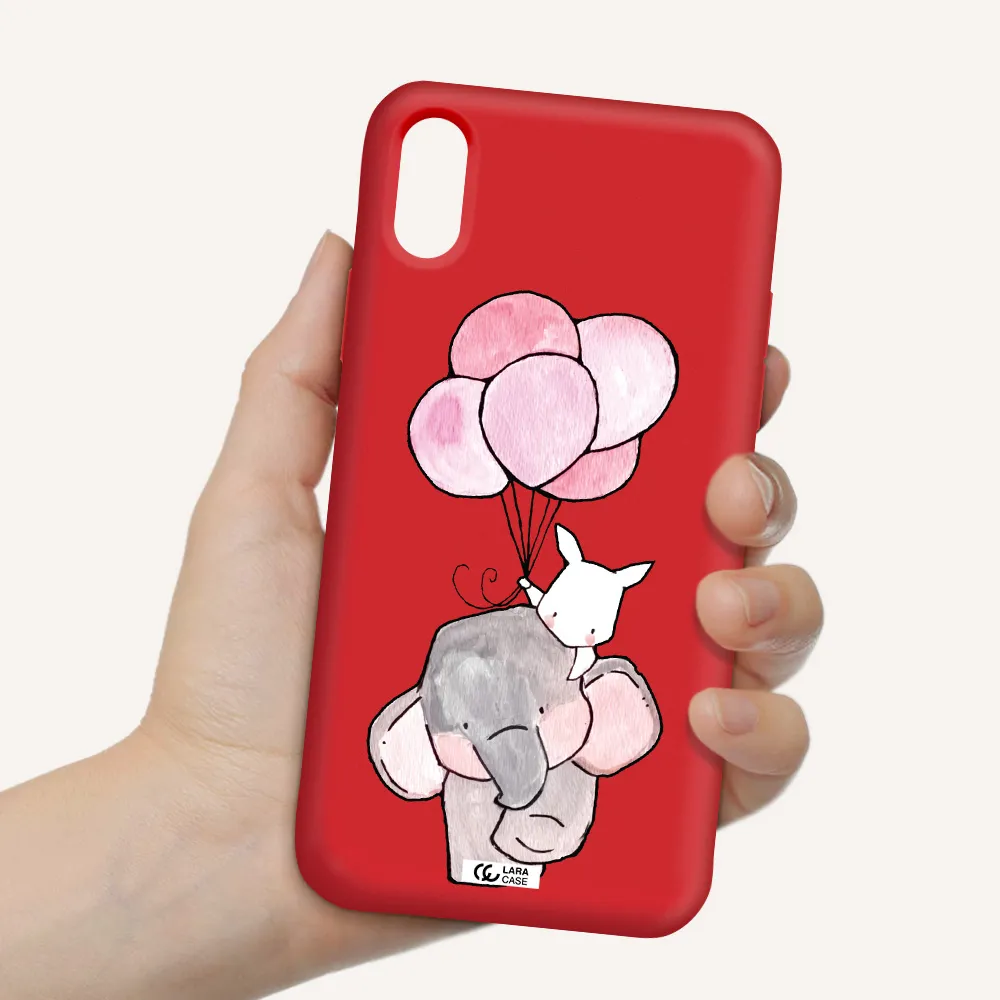 a cartoon elephant and donkey holding balloons Apple iPhone XS Silicone Imperial Red Case