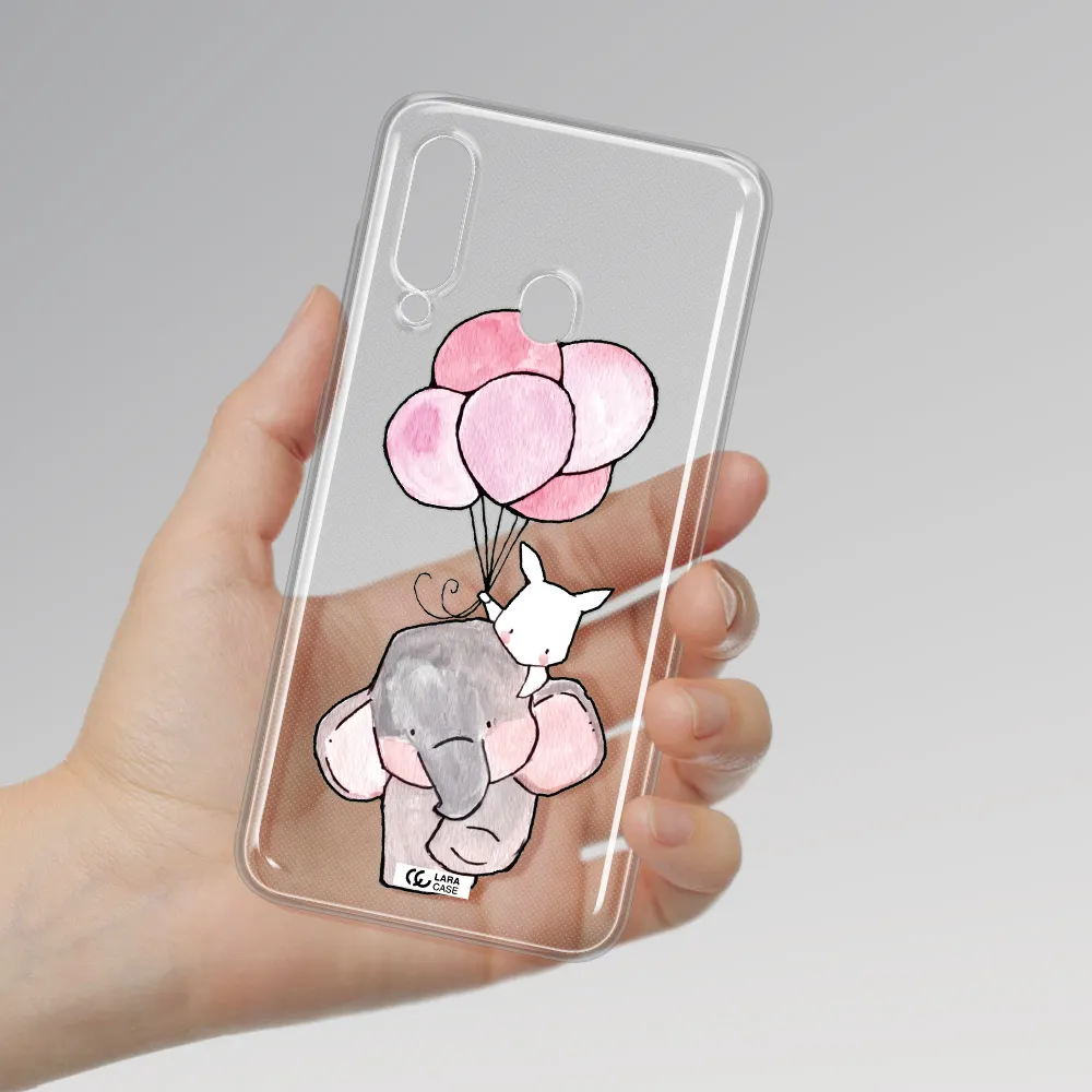 a cartoon elephant and donkey holding balloons Samsung A60 Clear TPU Case