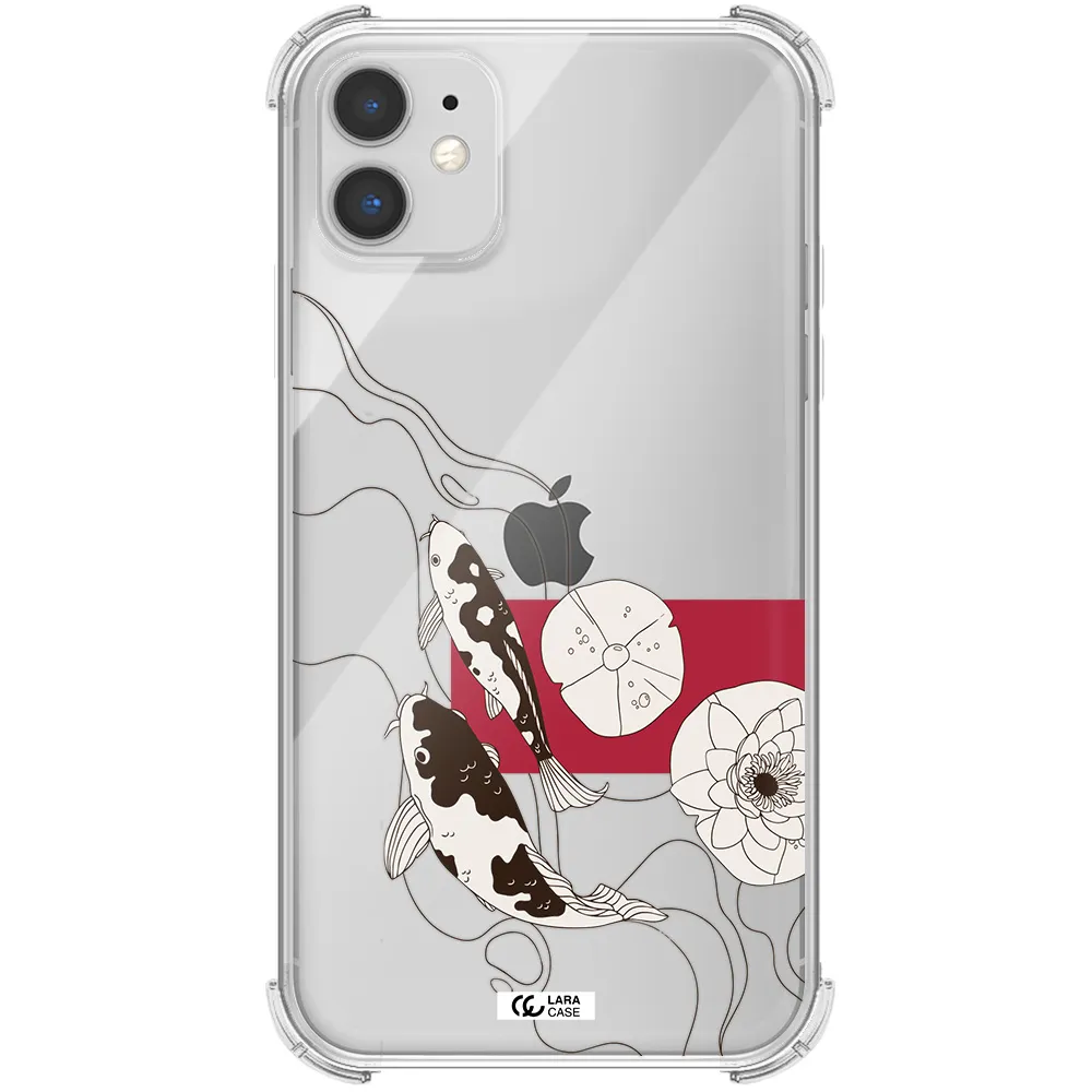 a black and white illustration of fish and flowers Apple iPhone 11 Clear PC Case