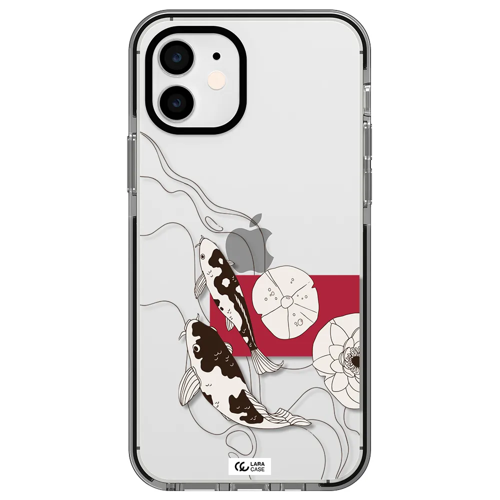 a black and white illustration of fish and flowers Apple iPhone 11 impact black border Case