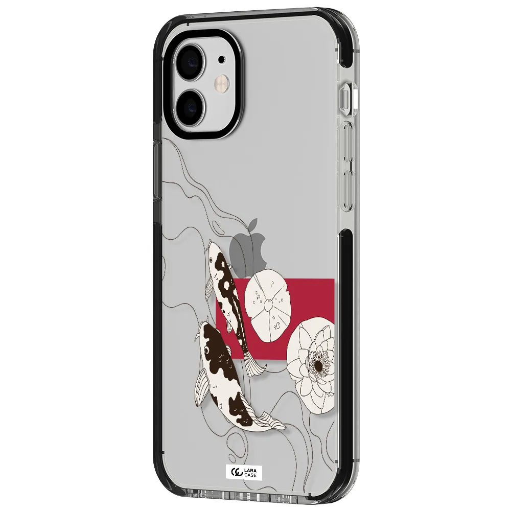 a black and white illustration of fish and flowers Apple iPhone 11 impact black border Case