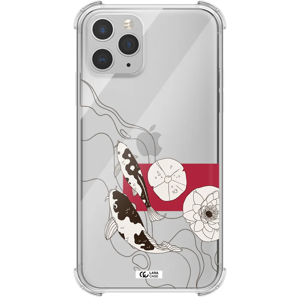 a black and white illustration of fish and flowers Apple iPhone 11 pro Clear PC Case
