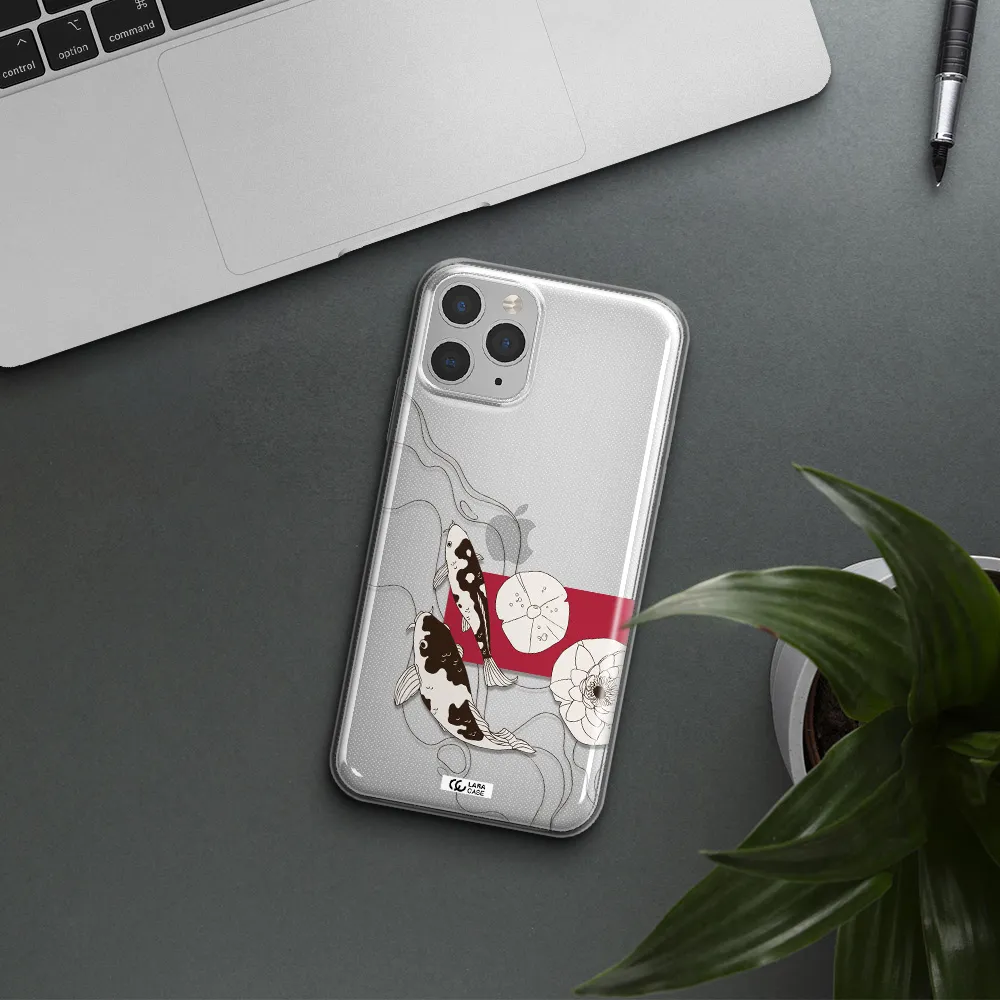 a black and white illustration of fish and flowers Apple iPhone 11 pro Clear TPU Case
