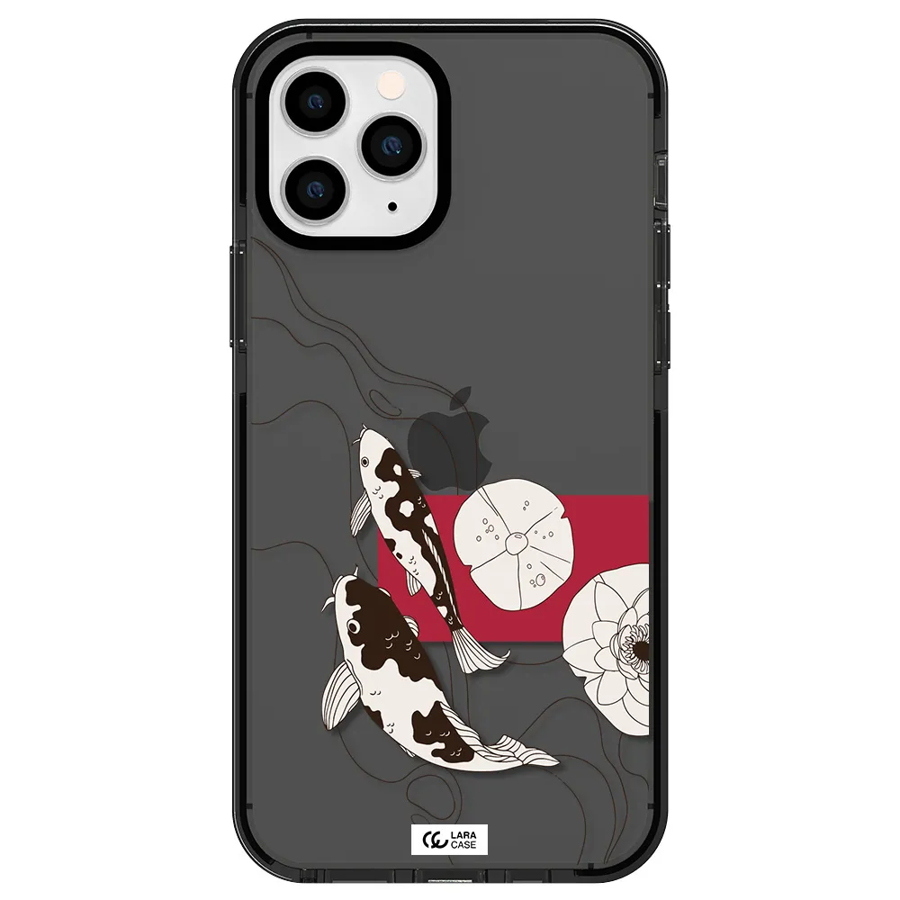 a black and white illustration of fish and flowers Apple iPhone 11 pro impact Smoke Black Case