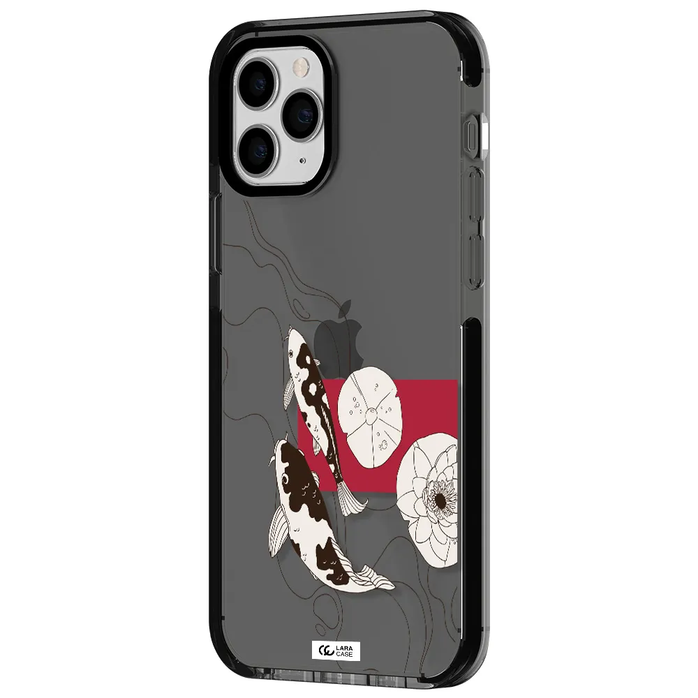 a black and white illustration of fish and flowers Apple iPhone 11 pro impact Smoke Black Case