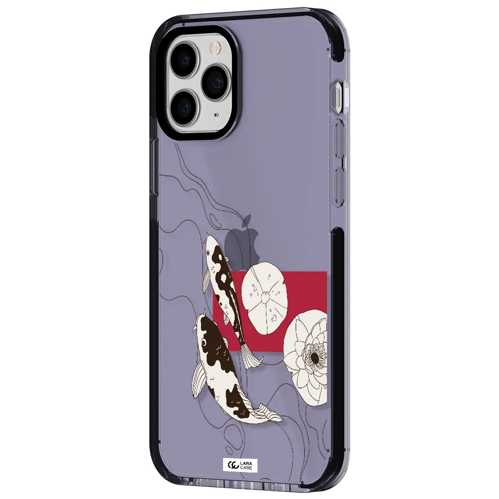 a black and white illustration of fish and flowers Apple iPhone 11 pro max impact Lilac Case