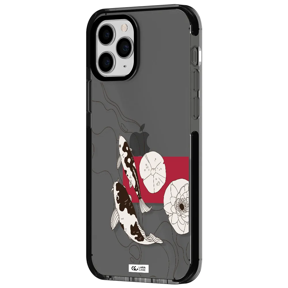 a black and white illustration of fish and flowers Apple iPhone 11 pro max impact Smoke Black Case