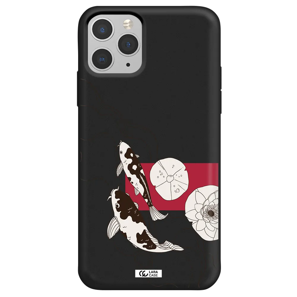 a black and white illustration of fish and flowers Apple iPhone 11 pro max Silicone black Case