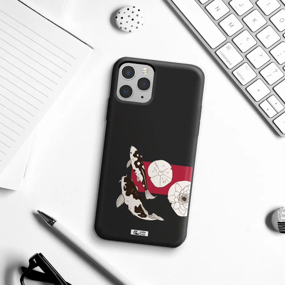 a black and white illustration of fish and flowers Apple iPhone 11 pro max Silicone black Case
