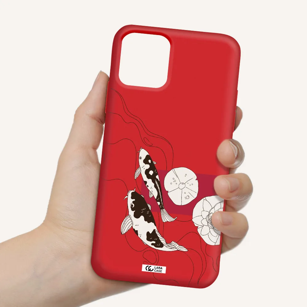 a black and white illustration of fish and flowers Apple iPhone 11 pro max Silicone Imperial Red Case