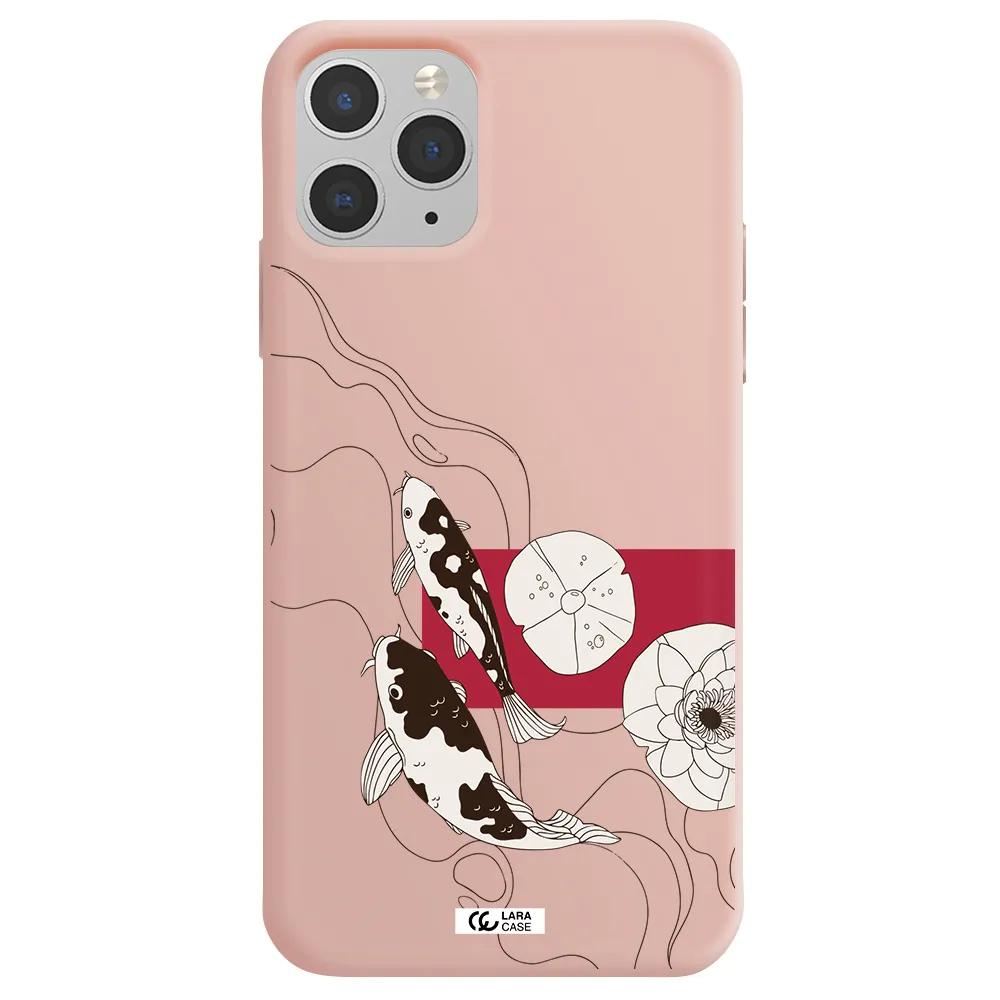 a black and white illustration of fish and flowers Apple iPhone 11 pro max Silicone pastel pink Case