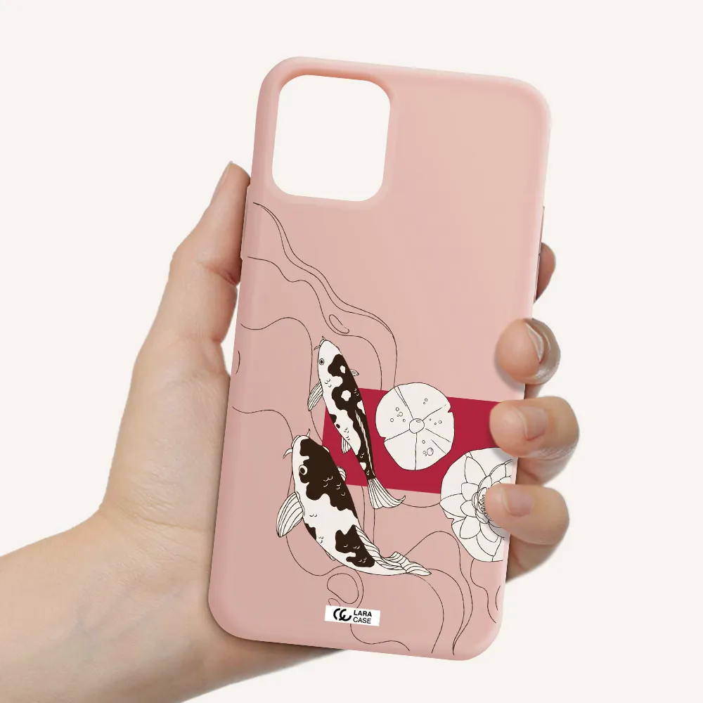 a black and white illustration of fish and flowers Apple iPhone 11 pro max Silicone pastel pink Case