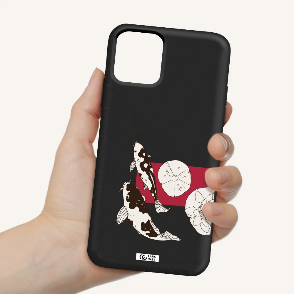 a black and white illustration of fish and flowers Apple iPhone 11 pro Silicone black Case