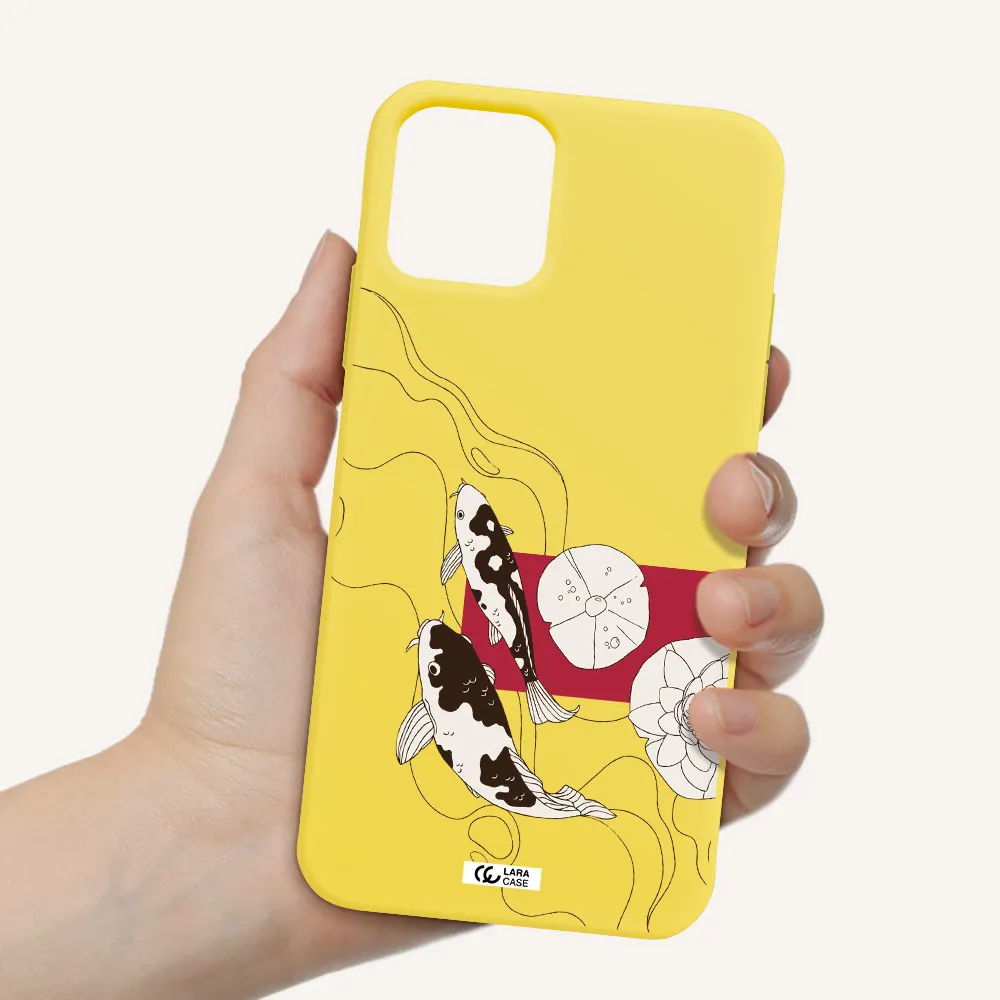 a black and white illustration of fish and flowers Apple iPhone 11 pro Silicone canary yellow Case