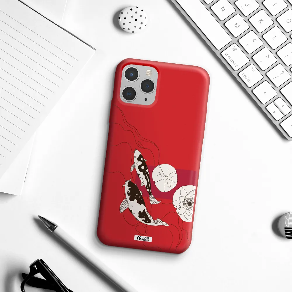 a black and white illustration of fish and flowers Apple iPhone 11 pro Silicone Imperial Red Case