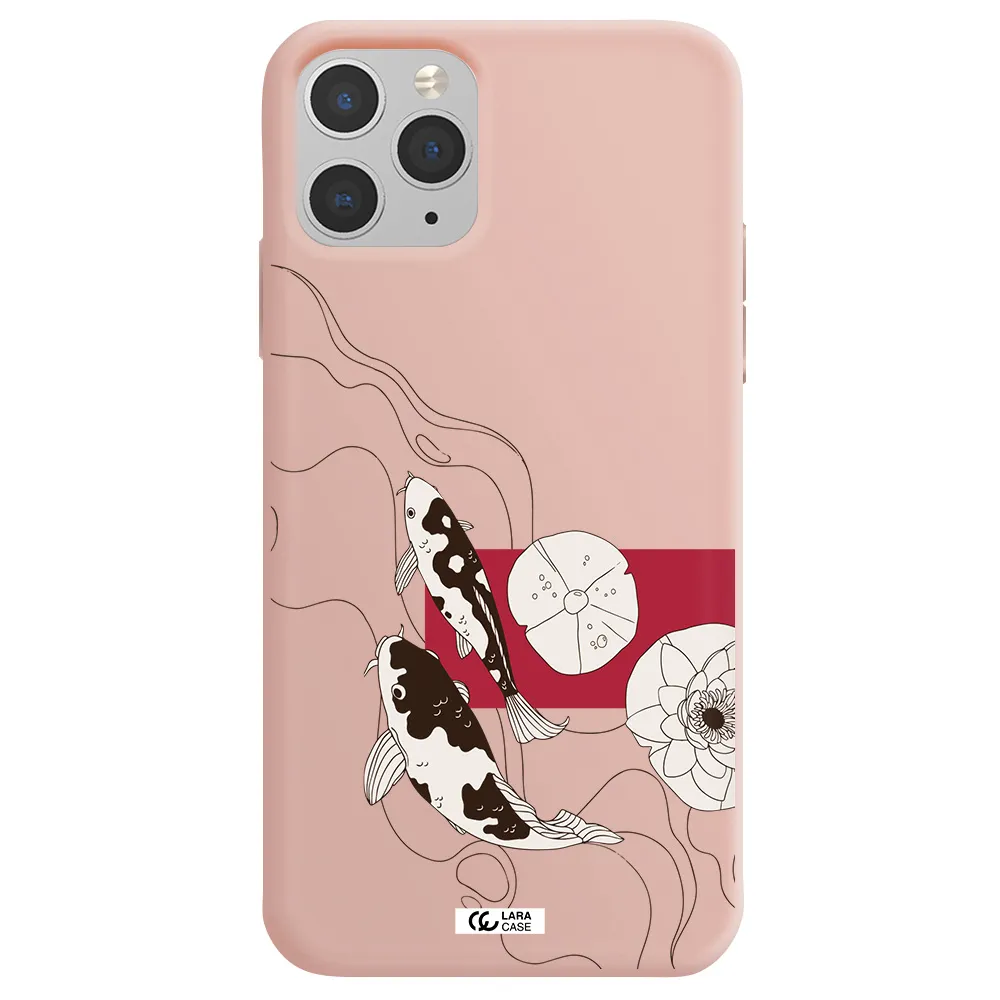 a black and white illustration of fish and flowers Apple iPhone 11 pro Silicone pastel pink Case