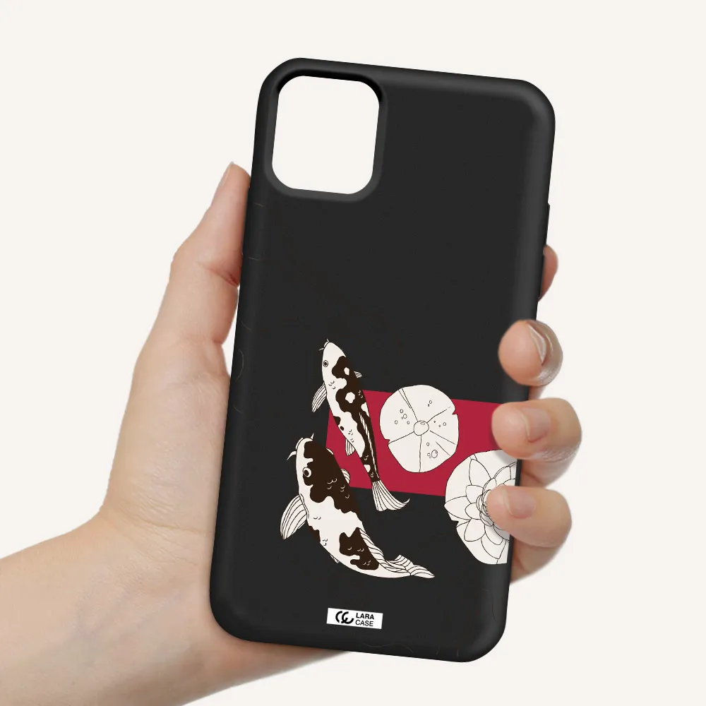 a black and white illustration of fish and flowers Apple iPhone 11 Silicone black Case