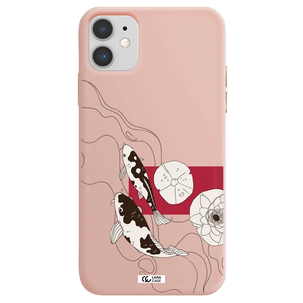 a black and white illustration of fish and flowers Apple iPhone 11 Silicone pastel pink Case