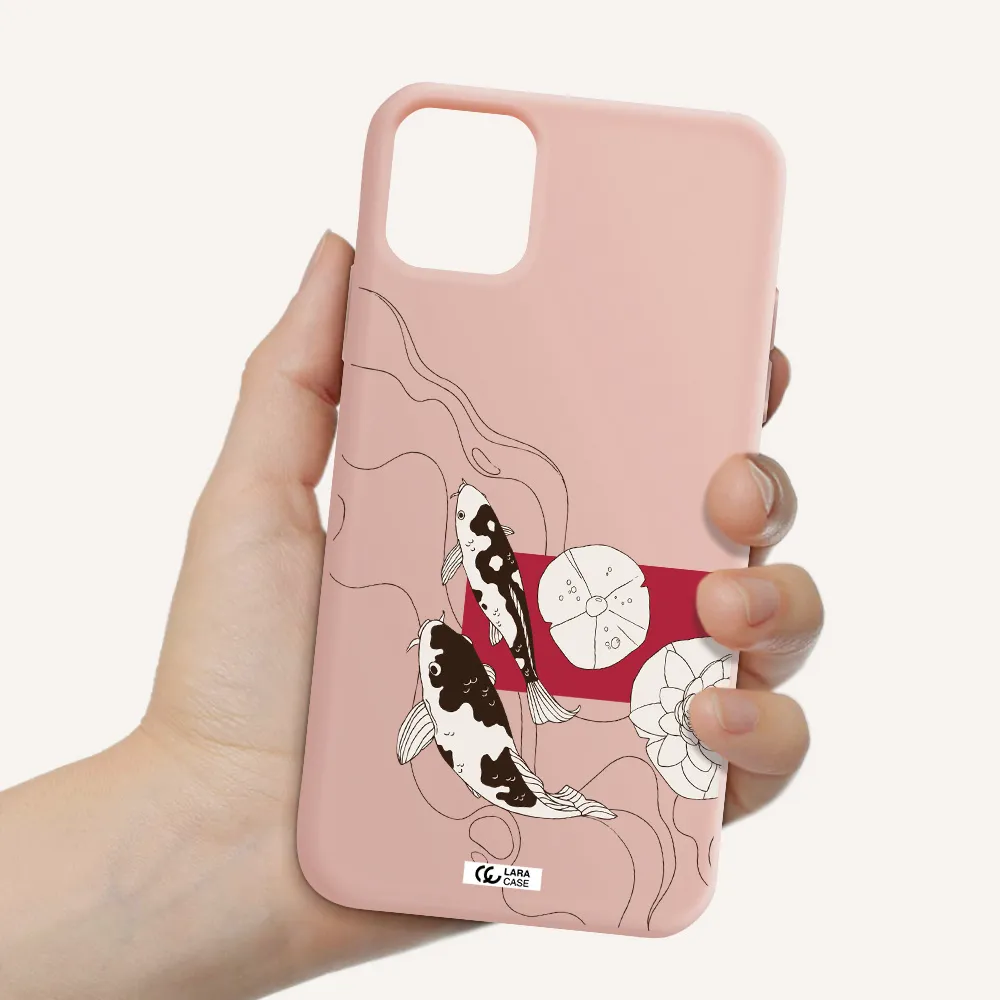 a black and white illustration of fish and flowers Apple iPhone 11 Silicone pastel pink Case