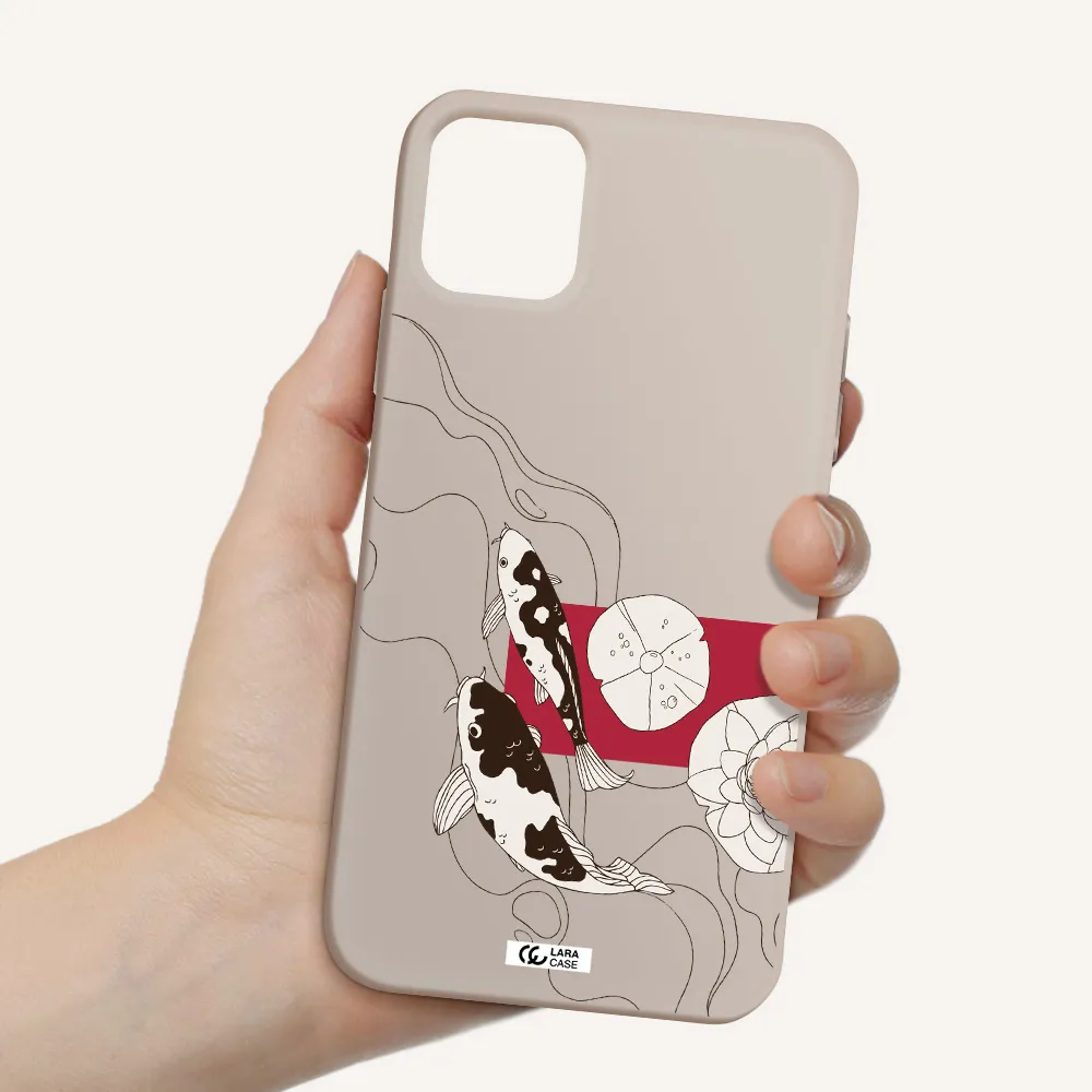 a black and white illustration of fish and flowers Apple iPhone 11 Silicone Stone Case