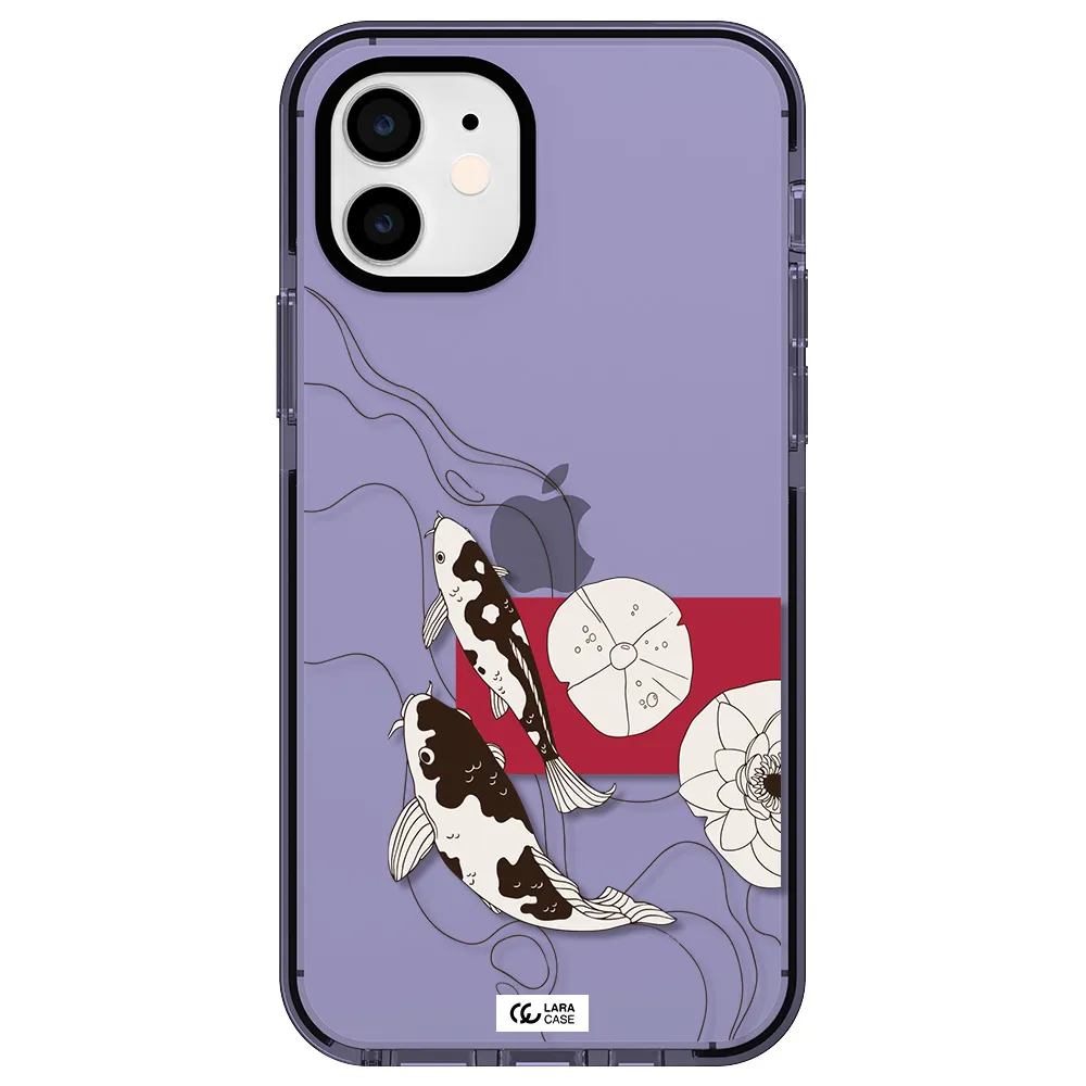 a black and white illustration of fish and flowers Apple iPhone 12 impact Lilac Case