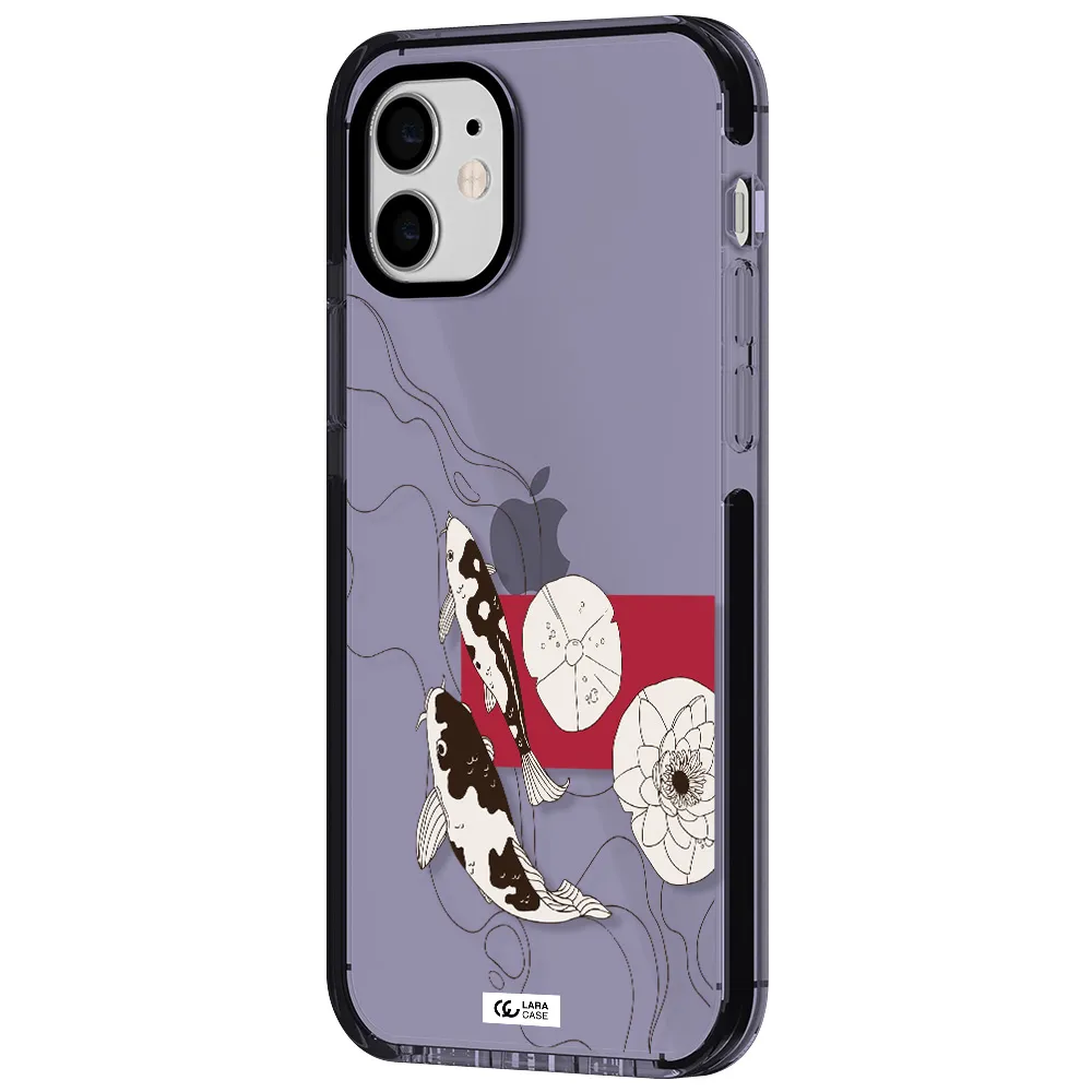 a black and white illustration of fish and flowers Apple iPhone 12 impact Lilac Case