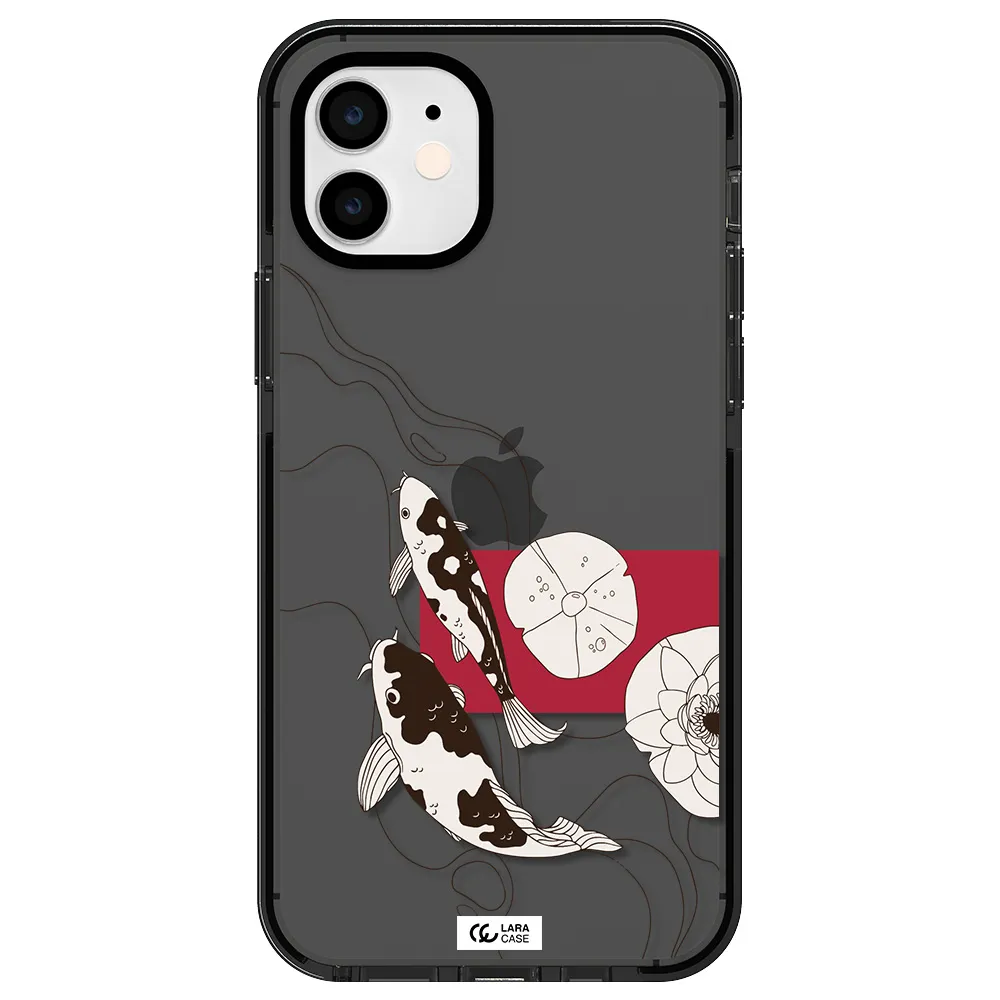 a black and white illustration of fish and flowers Apple iPhone 12 impact Smoke Black Case