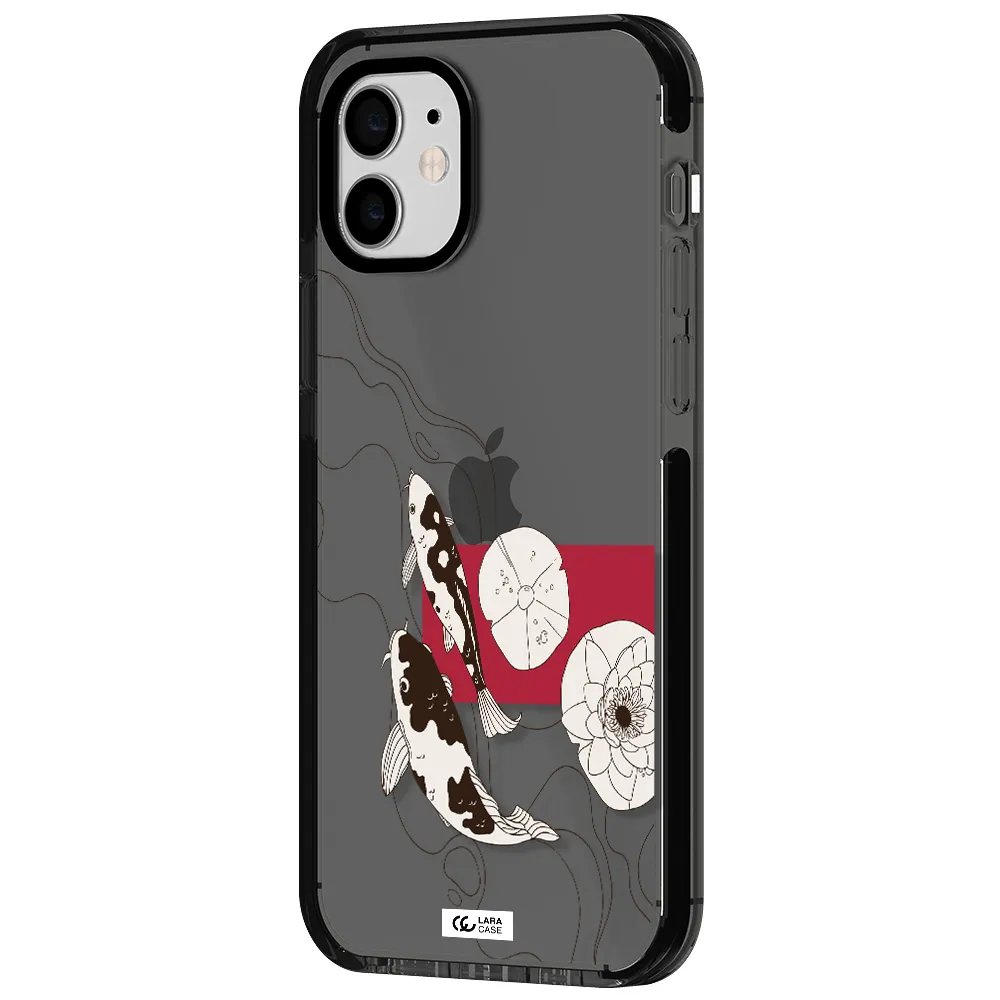 a black and white illustration of fish and flowers Apple iPhone 12 impact Smoke Black Case