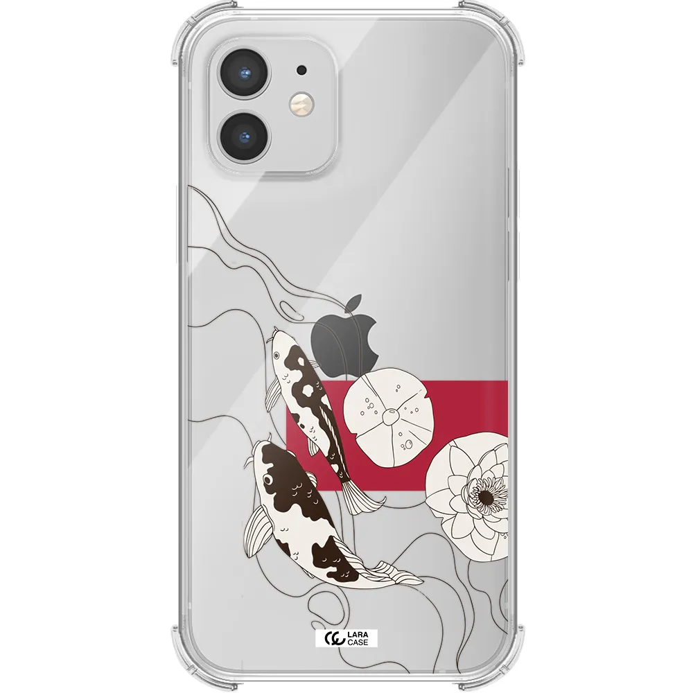 a black and white illustration of fish and flowers Apple iPhone 12 mini Clear PC Case