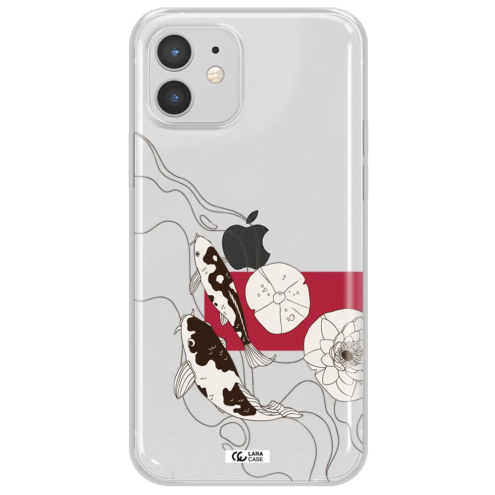 a black and white illustration of fish and flowers Apple iPhone 12 mini Clear TPU Case