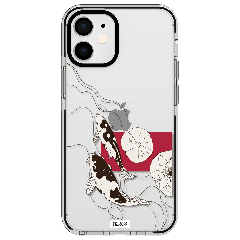 a black and white illustration of fish and flowers Apple iPhone 12 mini impact black border Case