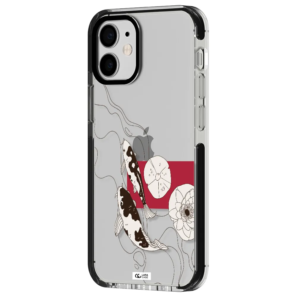 a black and white illustration of fish and flowers Apple iPhone 12 mini impact black border Case