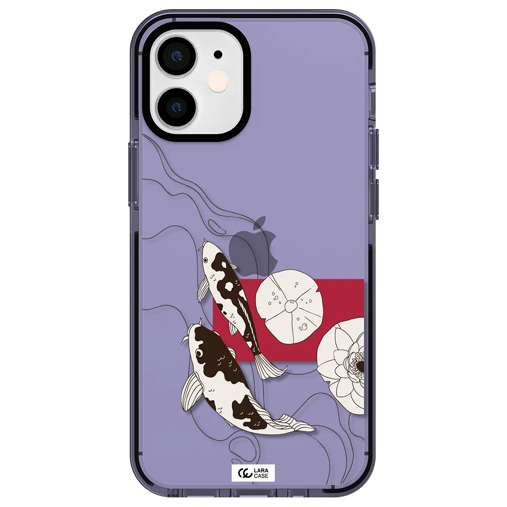 a black and white illustration of fish and flowers Apple iPhone 12 mini impact Lilac Case