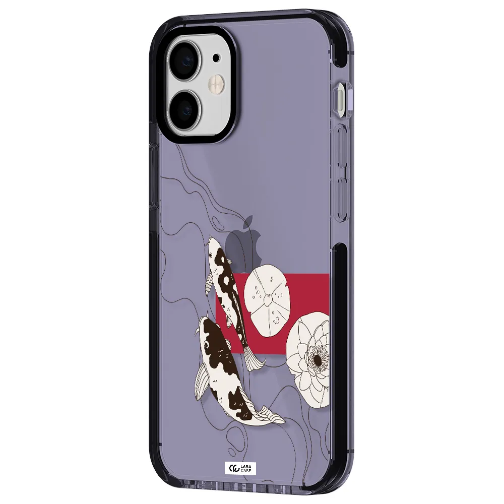 a black and white illustration of fish and flowers Apple iPhone 12 mini impact Lilac Case