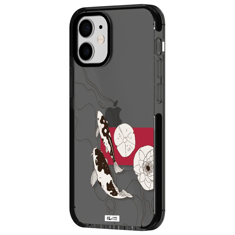 a black and white illustration of fish and flowers Apple iPhone 12 mini impact Smoke Black Case