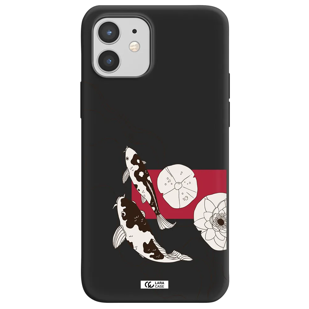 a black and white illustration of fish and flowers Apple iPhone 12 mini Silicone black Case