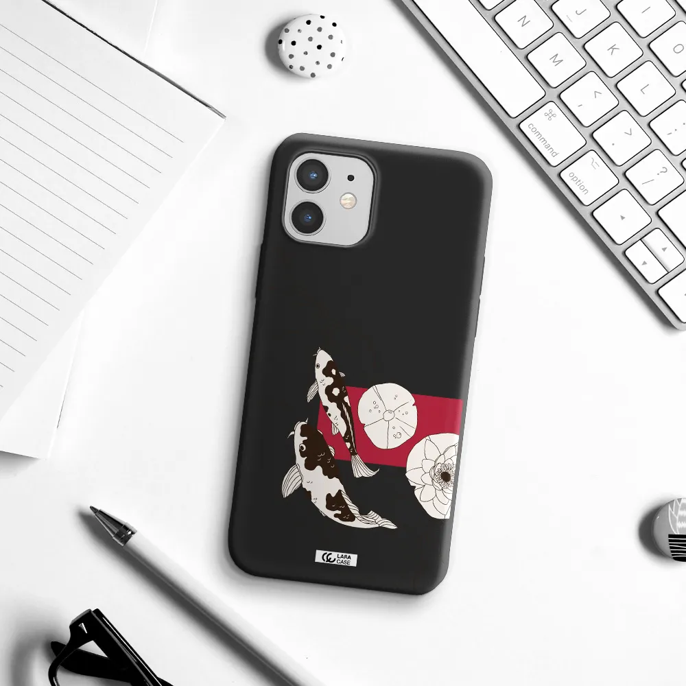 a black and white illustration of fish and flowers Apple iPhone 12 mini Silicone black Case