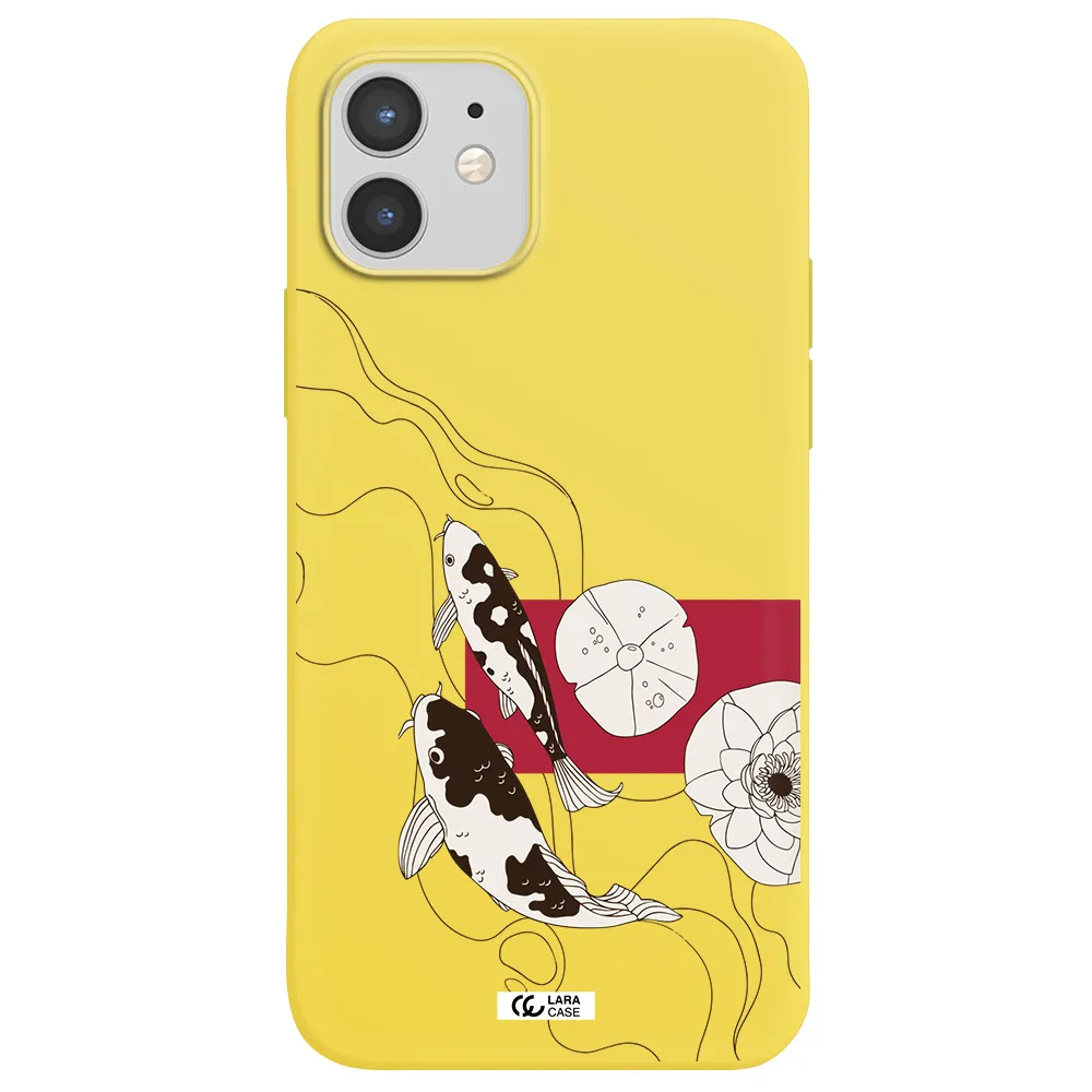 a black and white illustration of fish and flowers Apple iPhone 12 mini Silicone canary yellow Case