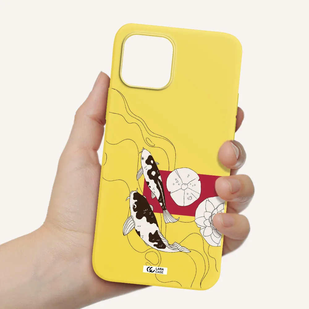 a black and white illustration of fish and flowers Apple iPhone 12 mini Silicone canary yellow Case