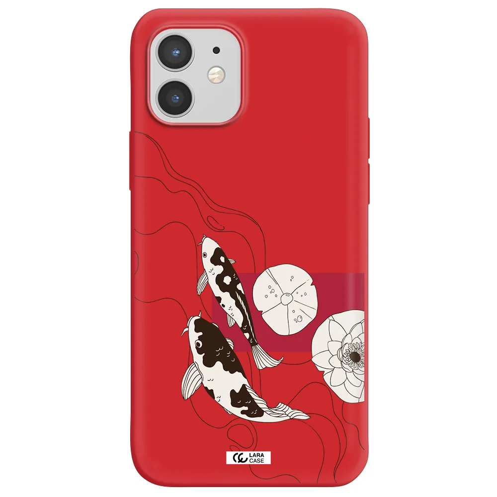 a black and white illustration of fish and flowers Apple iPhone 12 mini Silicone Imperial Red Case