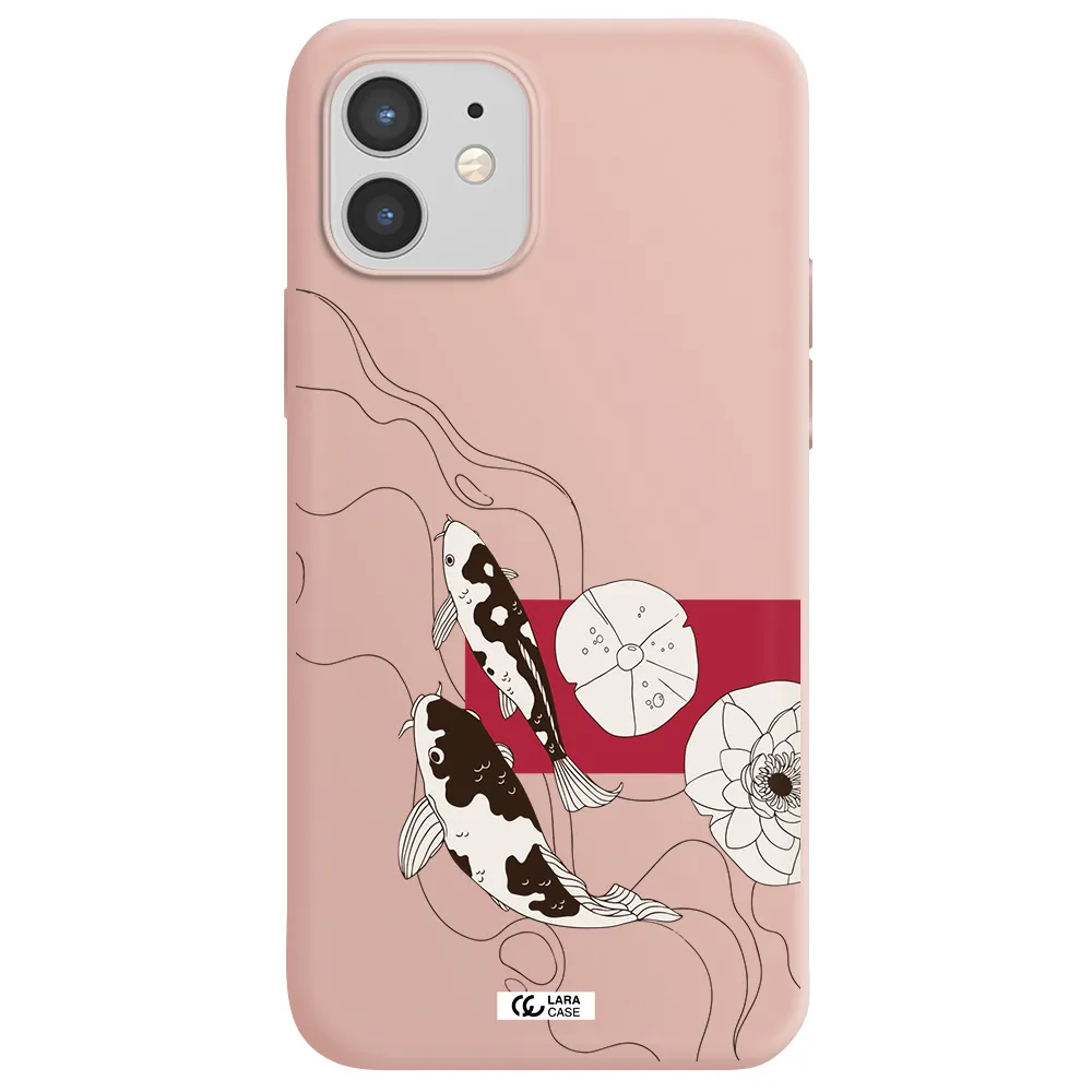 a black and white illustration of fish and flowers Apple iPhone 12 mini Silicone pastel pink Case