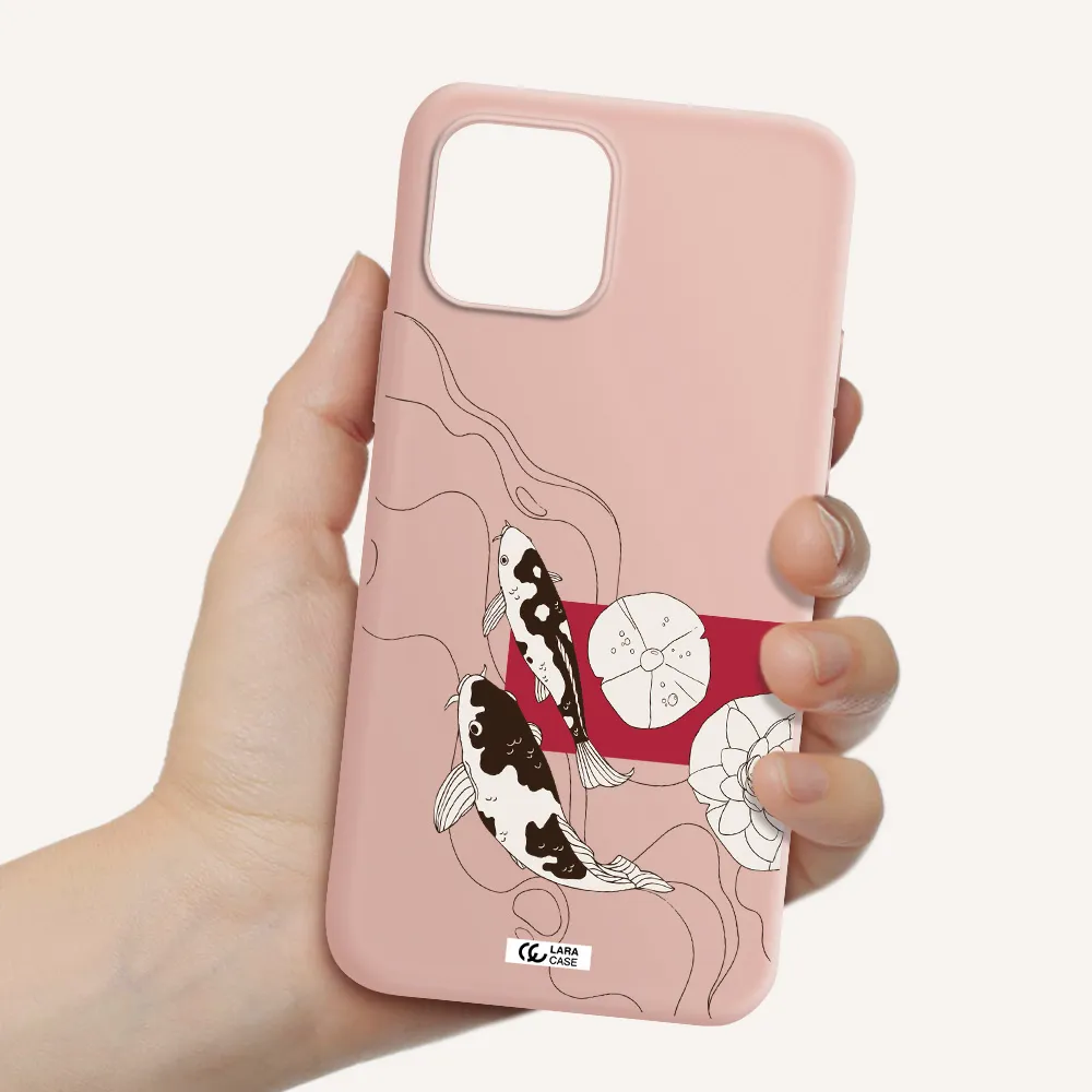 a black and white illustration of fish and flowers Apple iPhone 12 mini Silicone pastel pink Case