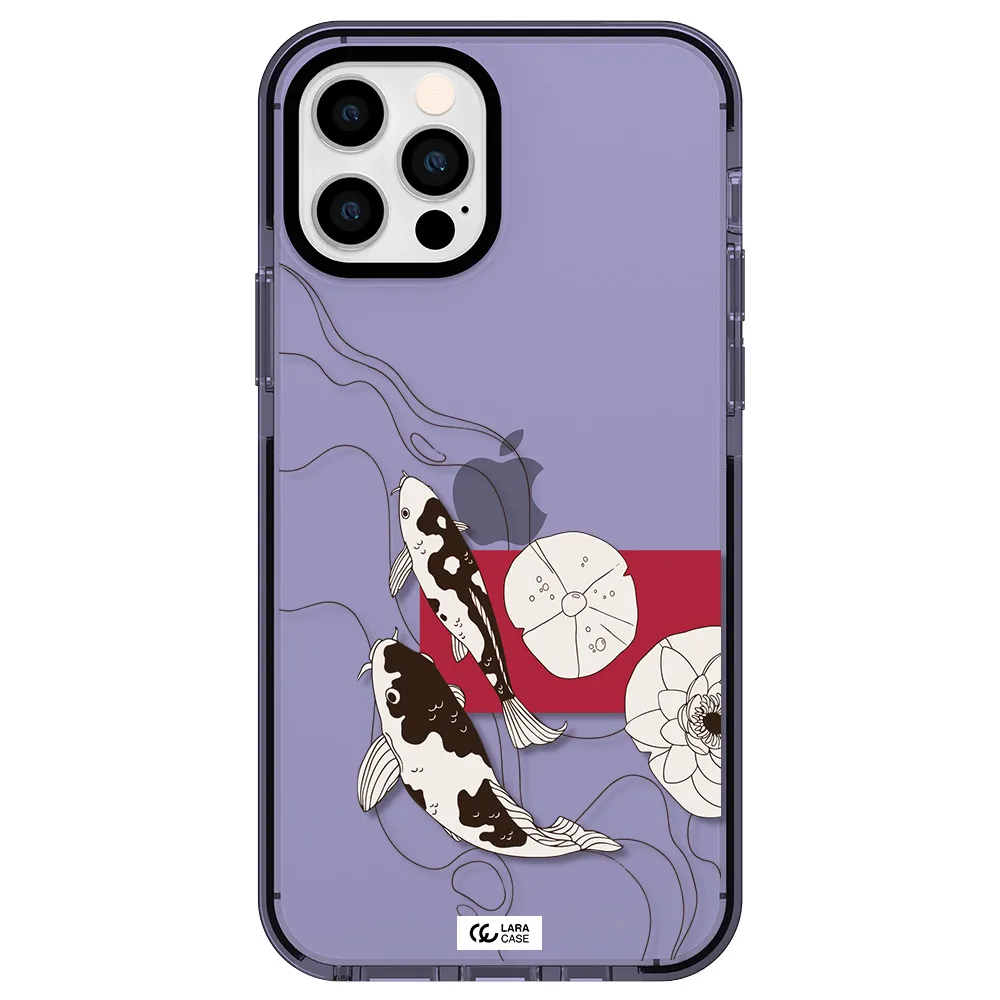 a black and white illustration of fish and flowers Apple iPhone 12 pro impact Lilac Case