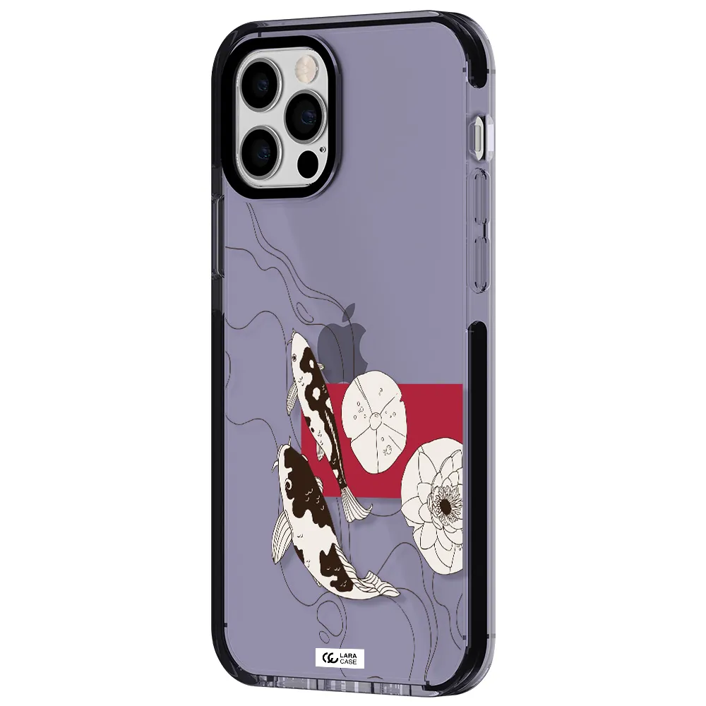 a black and white illustration of fish and flowers Apple iPhone 12 pro impact Lilac Case