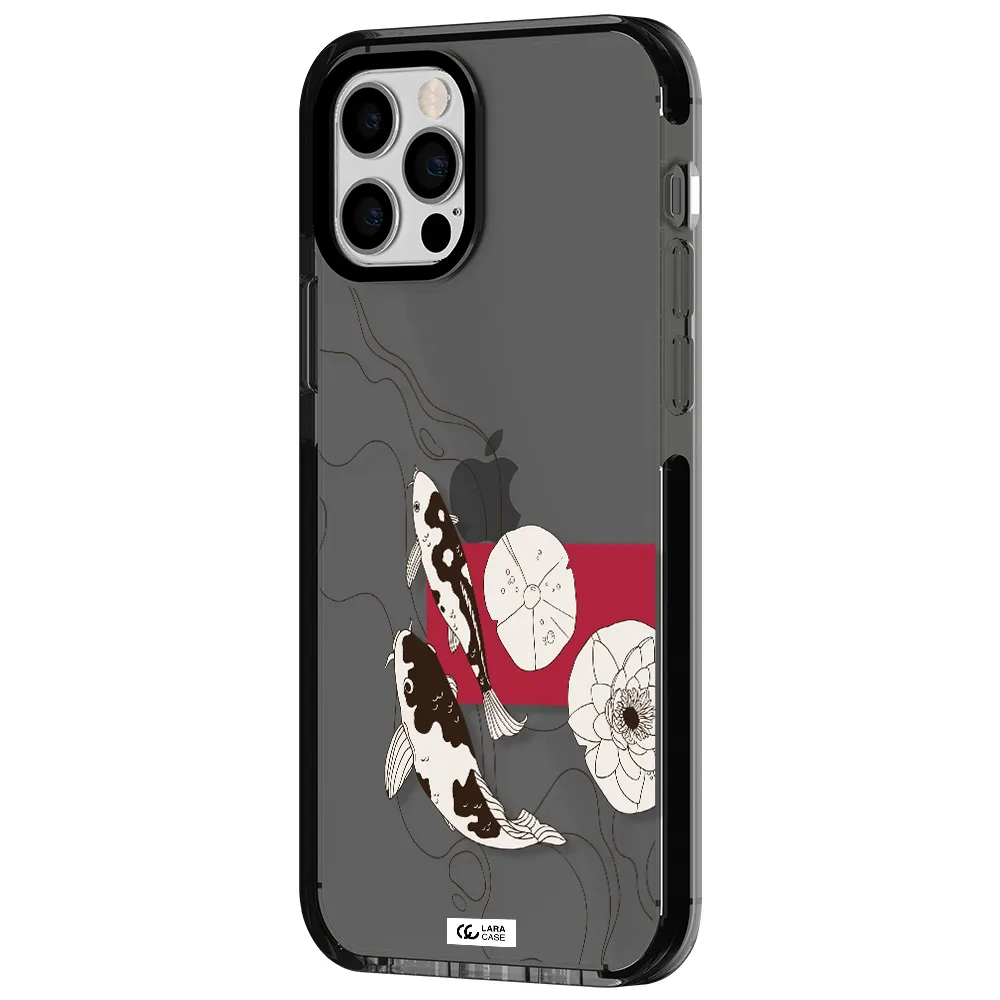 a black and white illustration of fish and flowers Apple iPhone 12 pro impact Smoke Black Case