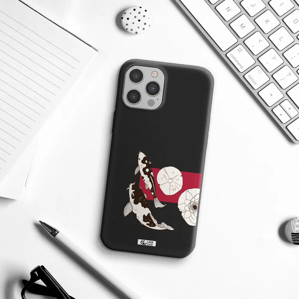 a black and white illustration of fish and flowers Apple iPhone 12 pro max Silicone black Case